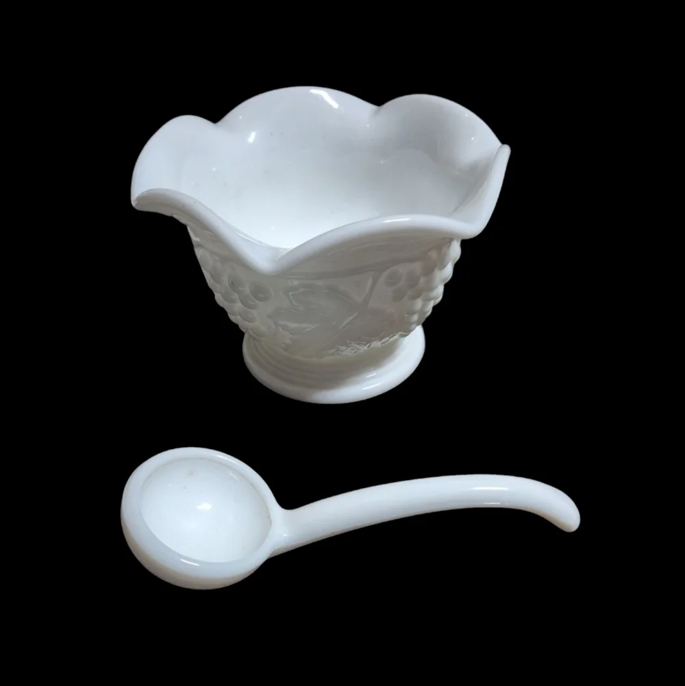 VTG Imperial Glass Milk Glass Grape Pattern Serving Dish with a Spoon